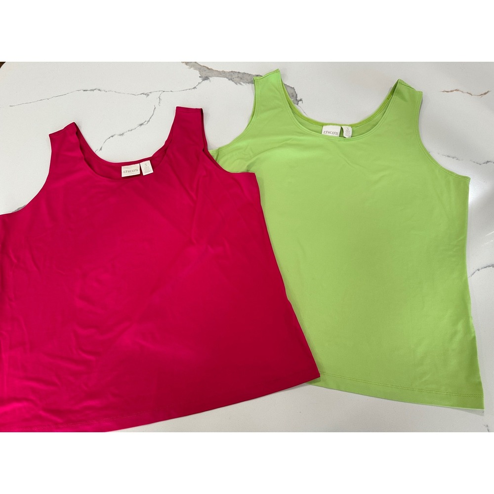 Chicos Womens Tank Top Lot of 2 Pink Lime Green Sleeveless Scoop Neck‎ Size 3 XL